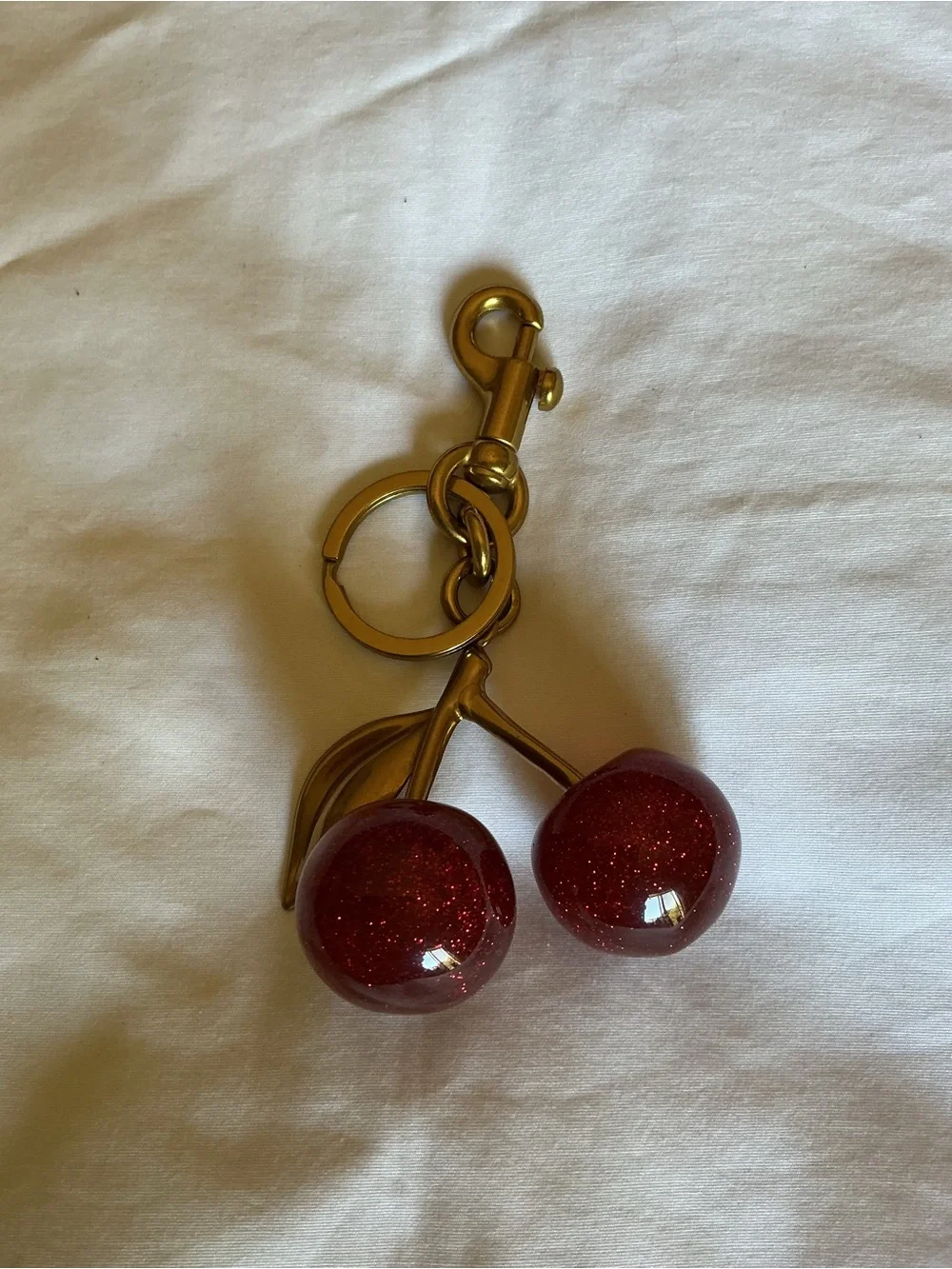 Gold Cherry Keychain with Red Glitter Charms